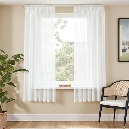 TOPICK Gardinenschals mit Kräuselband Vorhänge H160xB140 2er Set Weiß | transparent Sheer Curtains living room Schlafzimmer Gardinen für schienensystem Wohnzimmer Fensterdekoration Übergardinen