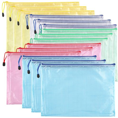 15 Stück A4 Dokumententaschen mit Reißverschluss, Wasserdichte Dokumententasche Zipper Beutel für Schule, Büro, Reisen & Zuhause (5 Farben)