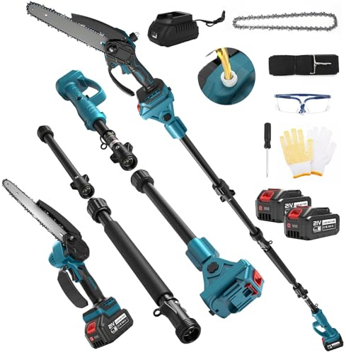 Scie d'élagage sans fil de 20,3 cm et mini tronçonneuse 2 en 1, élagueuse électrique sans balais, avec 2 batteries de 1500 mAh, tige d'extension de 2 m, chaîne de rechange, gants et lunettes de