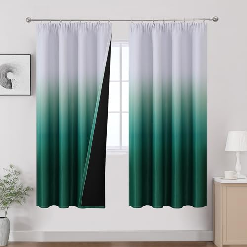 VEHEDE Ombre Dunkelgrün und Weiß Kräuselband Vorhang, 183cm lang Thermovorhang Schienen Blackout Vorhänge für Wohnzimmer, Gradient 2er Set Gardinen für Schlafzimmer, H183 x B132 cm