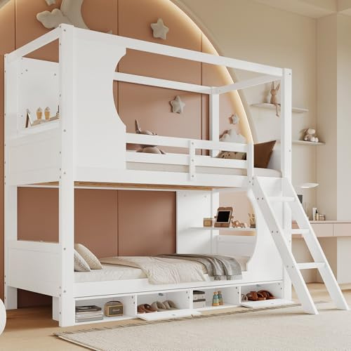 EINHOM Etagenbett 90x200 cm, Kinderbett mit Fallschutzgitter, mit 2 Tischen, Vierfach-Schuhschrank, Viel Stauraum, Dreistufige Schrägleiter, Sicher und Bequem, Kiefer + MDF + Kork, Weiß, Ohne Matratze