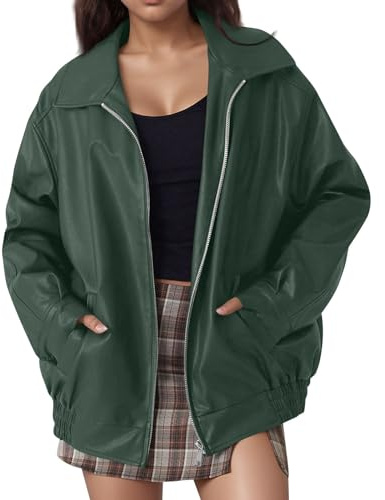 uxxnjfg Bomberjacke Damen Wildlederjacke Oversized Lederjacke Damen Braun Winter Suede Blouson Jacke Wildleder Elegant Herbstjacke Leder Kurze Bikerjacke(Dunkelgrün,XL)