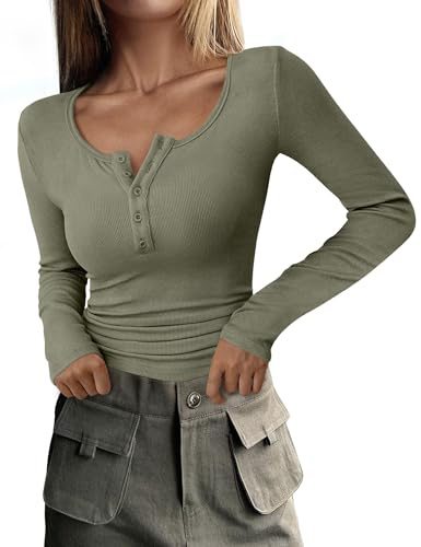 DUOEASE T-shirts för dam långärmad rund hals med knappar elegant stickad dam basic ribbad skjorta, Ljusgrön, XL