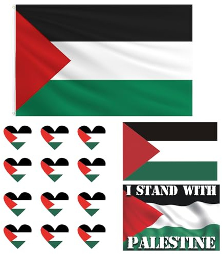 Set Bandera Palestina con Bandera 90x150cm, 12 Pegatinas Corazón Palestina & 2 Pegatinas Coche - Resistente a la Intemperie & Anti-UV, Ideal para Aficionados a Banderas, Coleccionistas y Decoración