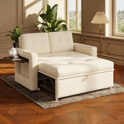 YOUDENOVA Divano letto 3-in-1, Poltrona letto con funzione salotto, Divano relax con schienale regolabile a 5 posizioni, Divano a 2 posti letto con tavolo e tasche laterali, Coste Beige