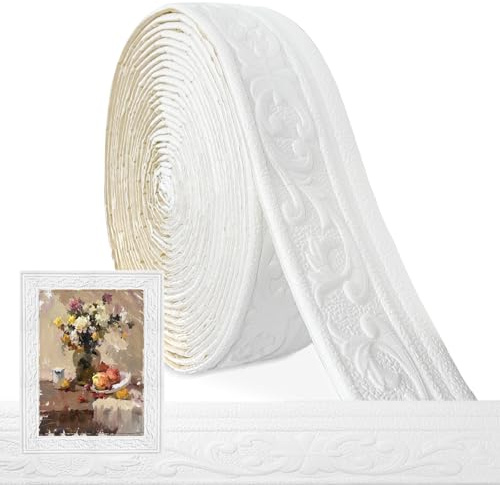 Stuckleisten Decke Bordüre Selbstklebend Weiß - 8cm(B)x5mm(D)x10m(L) - 3D Zierleisten Selbstklebende, Stuckleisten Wand, Wasserdicht Wandbordüre, Leisten Selbstklebend für Ecken, Linien, Flur, Decke