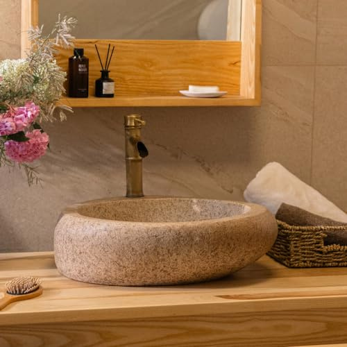 CHBCJJYP Lavabo Ovale in Pietra, 53x47cm, Lavabo da Appoggio per Bagno, Rubinetto in Ottone Incluso