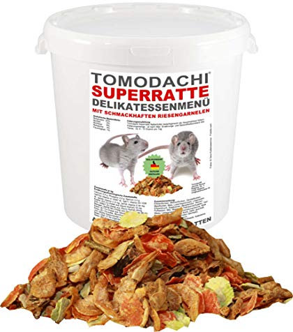 Tomodachi Rattenfutter mit tierischem Eiweiß, Rattennahrung mit Garnelen, Alleinfutter für Ratten, wenig Pellets, viel Gemüse, Möhrenflocken, Erbsenflocken, Saaten und Nüsse Superratte 3kg Eimer