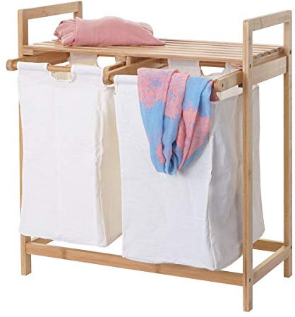 Wäschesammler HWC-B83, Laundry Wäschesortierer Wäschekorb Wäschebehälter, Bambus 2 Fächer 74x64x33cm 70l - weiß