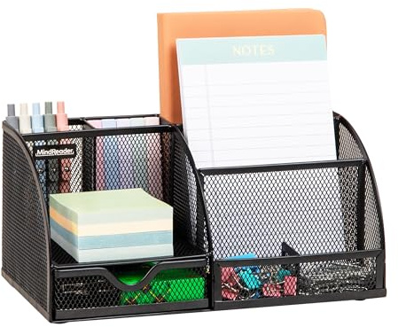 Mind Reader 7-Compartment Desktop Organizer, File & Accessory Storage, Metal Mesh Office Organizer for Desk, Workspace, Mail, Black