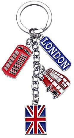 Amosfun Vintage Metal United Kingdom Flag Keyring 4.72 x 1.38 x 0.20 in London Souvenir Keyring with British Style Bus Accessory for Keys and Bags