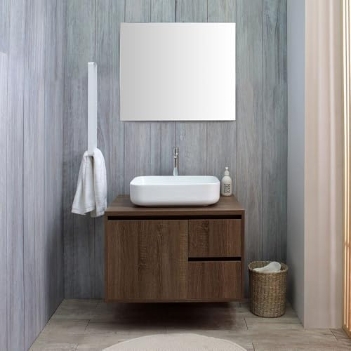 Kiamami Valentina - Mueble de baño suspendido de 75 cm en Nogal Oscuro, Lavabo de Apoyo, Espejo de 70x80 | Siena