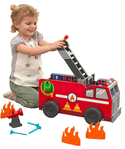 KidKraft Feuerwehrauto und Feuerwehrstation 2-in-1-Spielset aus Holz mit Sirene und realistischen Lichteffekten, Spielzeug für Kinder ab 3 Jahre, 20042