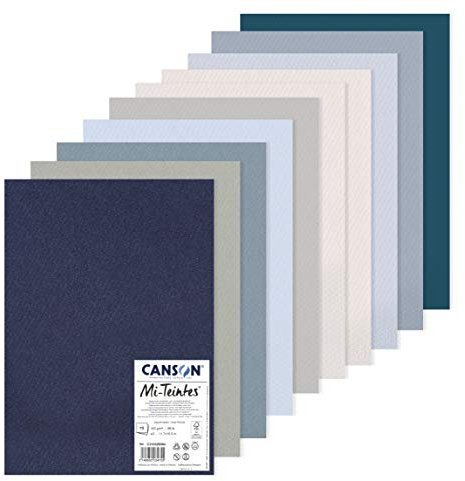 CANSON Mi-Teintes, farbiges Zeichenpapier, zweiseitig: Bienenwaben-Struktur und feine Körnung, 160 g/m², DIN A3, 29,7 x 42 cm, 10 kühle Töne, Packung, 10 Bögen