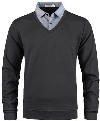 Yukirtiq Hombre 2 in 1 Suéter de Jersey con Cuello en V Manga Larga Otoño Invierno Jersey Básico Sudadera Pullover con Cuello de Camisa