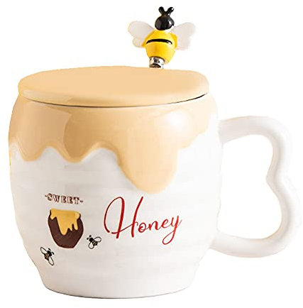 Mozacona Embossed Ceramic Honey Jar Coffee Mug with Lid and Bee Spoon