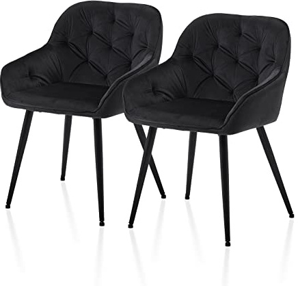 TUKAILAI Esszimmerstühle 2er Set aus Samt, Küchenstuhl Polsterstuhl Wohnzimmerstuhl mit Armlehne Rückenlehne Gepolstert Metallbeinen,Sessel Freizeitstuhl für Küche Wohnzimmer Lounge, Schwarz