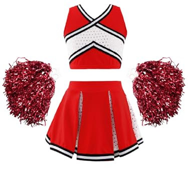 Hedmy Kinder Mädchen Cheerleading Uniform Rock Top Pompoms Cheerleading Training Outfit Kinder für Karneval Faschnacht Rot E 98-104