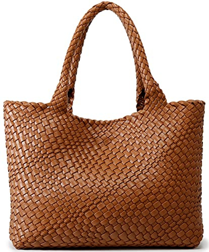 Queenoris Woven Brown Leather Shopper Bag - Large Travel Tote with Top Handle and Shoulder Strap
