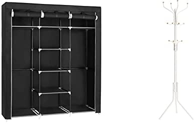 SONGMICS Kleiderschrank, Faltschrank, Faltbare Garderobe mit 2 Kleiderstange, 175x150x45 cm, schwarz RYG12B & Garderobenständer, Stabiler Metall Kleiderständer, Garderobe höhe ca. 182 cm, weiß RCR19W