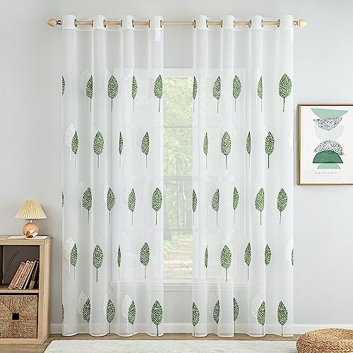 MIULEE Wohnzimmer Vorhänge Transparent mit Grün und Weiss Blätter Muster, Modern Stickerei Gardinen Ösen für Schlafzimmer Deko, 2er Set Schöne Blätter Muster Vorhang Fenster H 245 x B 140