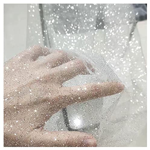 SHTGOI Glittrande tyg 1 m x 150 cm tylltyg metervara tyll spets tyg nät glitter garn tyll dekoration tyger för gör-det-själv handgjord bröllopsklänning fotografi bakgrund vit