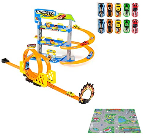 MOLTO | 3 Stockwerke Parkhaus mit Doppelschleife und Zubehör + 10 Autos enthalten + Tapissery | Spielzeugauto | Kinderspielzeug | 3 Jahre alt