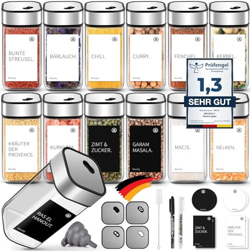 Miorkly 12 Gewürzgläser Eckig,120ML Gewürzdosen Set mit Streueinsatz,Gewürzstreuer mit Drehdeckel-Starke Versiegelung,Edelstahl-Glas Gewürz Organizer inklusive Trichter, Etikett und Stift