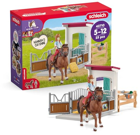 Schleich Horse Club | Box à Chevaux avec Hannah & Cayenne 42710 | Set avec écurie, Figurine articulée, Cheval, clôture et Accessoires | Cadeau pour Enfants dès 5 Ans | 25 pièces | Exclusivité Amazon