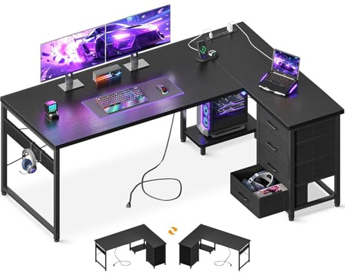AODK L Shaped Gaming Desk with 4 Drawers, 61 Reversible Home Office Desks with Power Outlets, L Shaped Computer Desk with USB Charging Port and Host Stand, Corner Desk, Easy to Assemble, Black