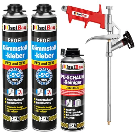 Isolbau B2 Dämmstoffkleber SET - 2 x 750 ml Perimeterkleber, 1 x PU-Schaum-Reiniger & 1x Schaumpistole für EPS & XPS-Platten - 1K PU-Klebeschaum für Fixieren & Befestigen