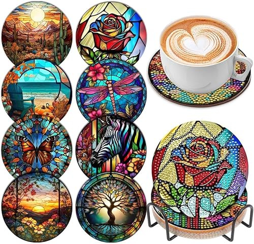 Posavasos de pintura de diamantes, posavasos de cristal para pintura de diamantes con soporte, posavasos antideslizantes para bebidas, posavasos redondos para bebidas, posavasos de cocina (multicolor)