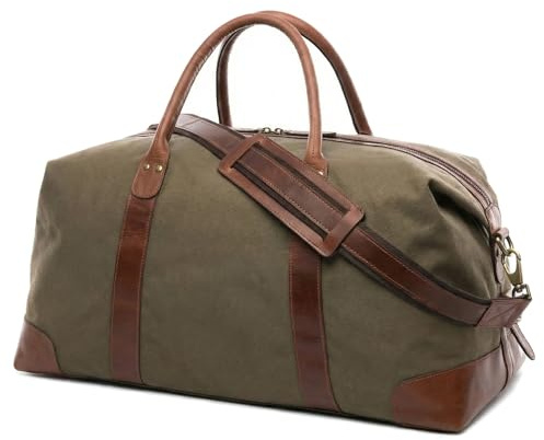 SID & VAIN Canvas Reisetasche mit edlem Leder - Sporttasche groß 54 cm Lennox - Weekender Handgepäck mit Schultergurt - Herren und Damen grün handgefertigt