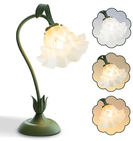 AQDZCNF Flower Table Lamp,LED Reading Light Bedside Vintage Flower Night Light,3 Colors Modes Kawaii Bedside Lamps Decor,Living Room Bedroom Room Lighting Table Lamps Home Decoration (Green)