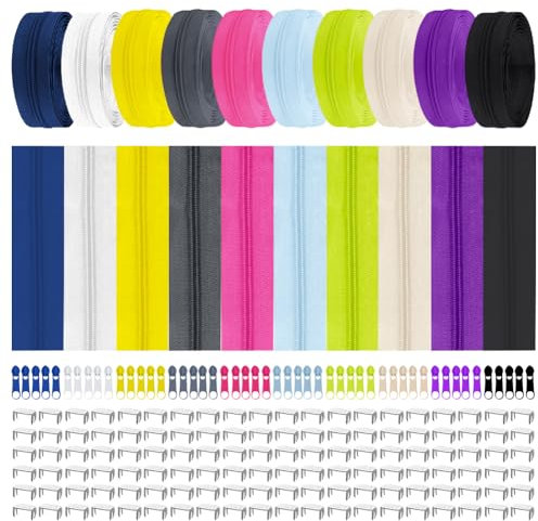 DANNEEFORSU7 Reissverschluss Set, 10 Farben Endlos Reißverschlüsse, Nylon Reißverschlüsse, 2.6cm breit Endlos Reißverschluss mit 50 Reißverschlusszügen, für Kleidung Tasche Mäppchen Kissenbezug