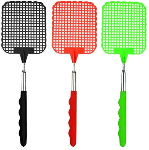 iwiio Fly Swatter, Extendable Fly Swat, Plastic Fly Squatters, Fly Zapper Racket, 3 Vibrant Colorful Fly Swatters Plastic Fly Killer, Long Handle Bug Swatter for Indoor and Outdoor