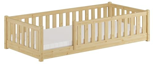 Erst-Holz Kinderbett, Bodenbett mit dreiseitiger Sicherung 80x180 Kiefer Natur lackiert V-60.77-08-180, Ausstattung:Rollrost und Matratze inkl.