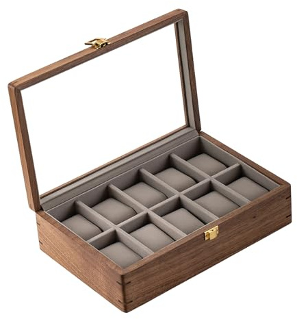 muso trä klocka displaybox, 10 spår, klockfodral för män, klocka organiseringslåda med glaslock, klockfodral med avtagbar sammetskudde, fars dag gåva – 10 fack, valnöt