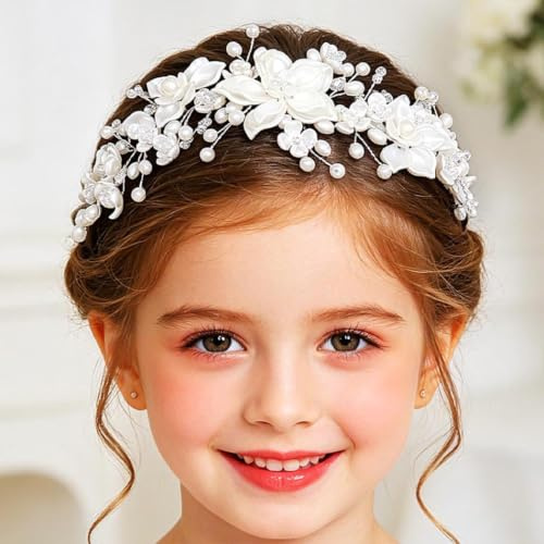 IYOU Blumen Weiß Kopfschmuck Kommunion Mädchen Haarschmuck Erstkommunion Stirnband Perle Hochzeit