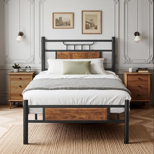 VECELO 3ft Single Bed Frames with Wood Headboard, 90x190 cm Metal Platform, Heavy Duty Metal Slats Support, Mattress Base No Box Spring Needed, No Noise, Easy Assembly