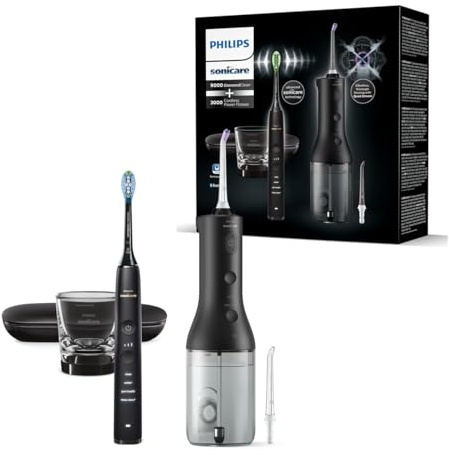 Philips Sonicare Jet dentaire sans fil Power Flosser 3000 et brosse à dents électrique DiamondClean 9000 - Nettoie les dents et les gencives et élimine la plaque dentaire, noir (modèle HX3886/43)