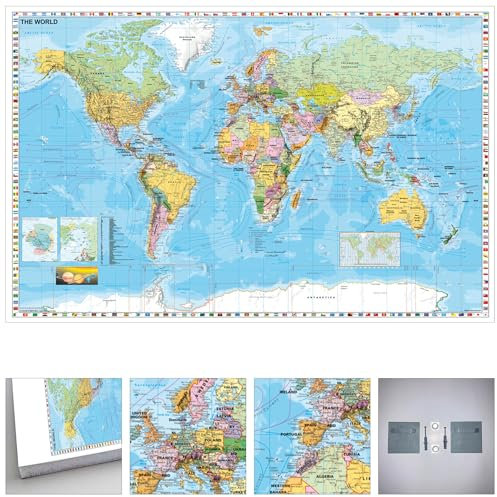 Weltkarte politisch englisch zum Pinnen auf EasyPrint-Platte mit Wandhalterung, 120 x 80 cm