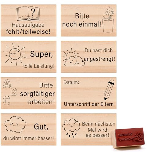 Faccito 8 Stück Holz Stempel Lehrer Set Motivstempel Lehrerstempel | Stempel Set für Lehrer Lob Stempel Kinder für Hausaufgaben Schulhefte Geschenk für Lehrer zum Schule Schulkind Belohnung