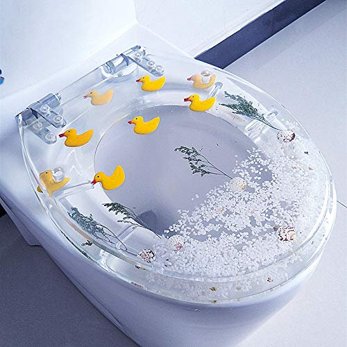 Toilettendeckel mit Absenkautomatik, Kunstharzabdeckung, strapazierfähiger Toilettendeckel mit 3D-Kunsteffekten und echten Blumen, Muscheln und Sand für Typ U/V/O – Top-Fix-Beschläge/Absenkautomatik