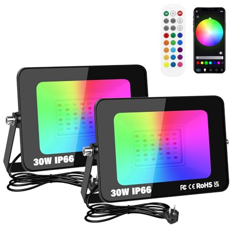 RIGIDON 2X 30W Smart Outdoor RGB LED-strålkastare med stickpropp, APP-fjärrkontroll, dimbar färgskiftande strålkastarljus för trädgårdsgård Landscap Party Scendekoration, IP66 elnätdriven