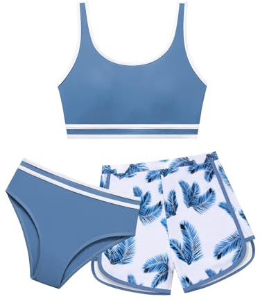 URMAGIC Girls 3 Piece Swimsuits Bathing Suit Cross Color Matching Bikini Set with Shorts Kids Surfing Beach Swimwear