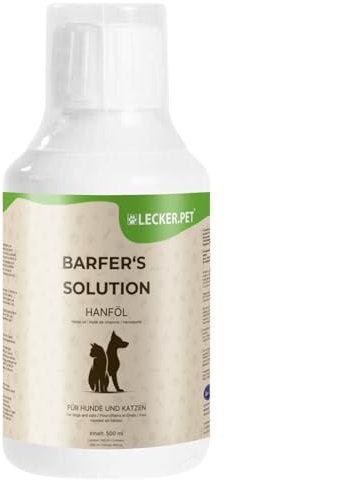 Lecker.Pet® 6 x 500 ML Barfer's Solution Huile de Chanvre 100% pour Chiens & Chats | Acides Gras Essentiels | Complément nutritif pour Aliments pour Chiens & Chats | Pressé à Froid & Naturel à partir