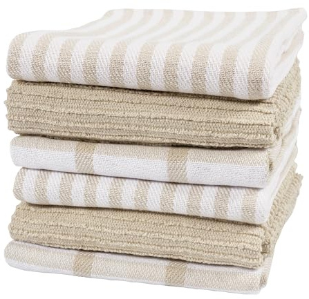 KAF Home Premium Kitchen Towels (18 x 28), Large 100% Cotton, Flat & Terry Absorbent Dish Towel Set (Beige, 18 x 28-6 Pack)