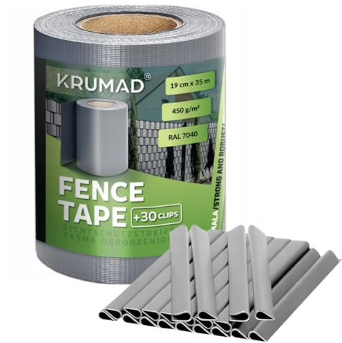 KRUMAD Sichtschutzstreifen Zaun, 19 cm x 35 m inkl. 30 Befestigungsclips, UV-beständiges PVC, Wetterfest, für Doppelstabmattenzaun & Balkongeländer, 450 g/m², Hellgrau
