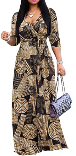 African Pattern Ankara Maxi Dress for Women Traditional 3/4 Sleeve Casual Floor Length Swing Dress